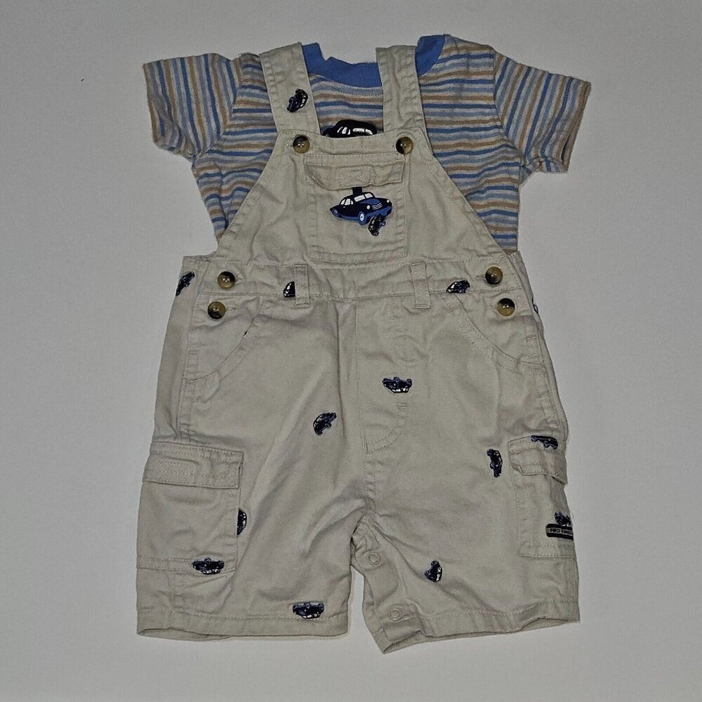 First Impressions Shirt Shortalls Outfit Tan Blue Embroidered Cars 6/9 Months